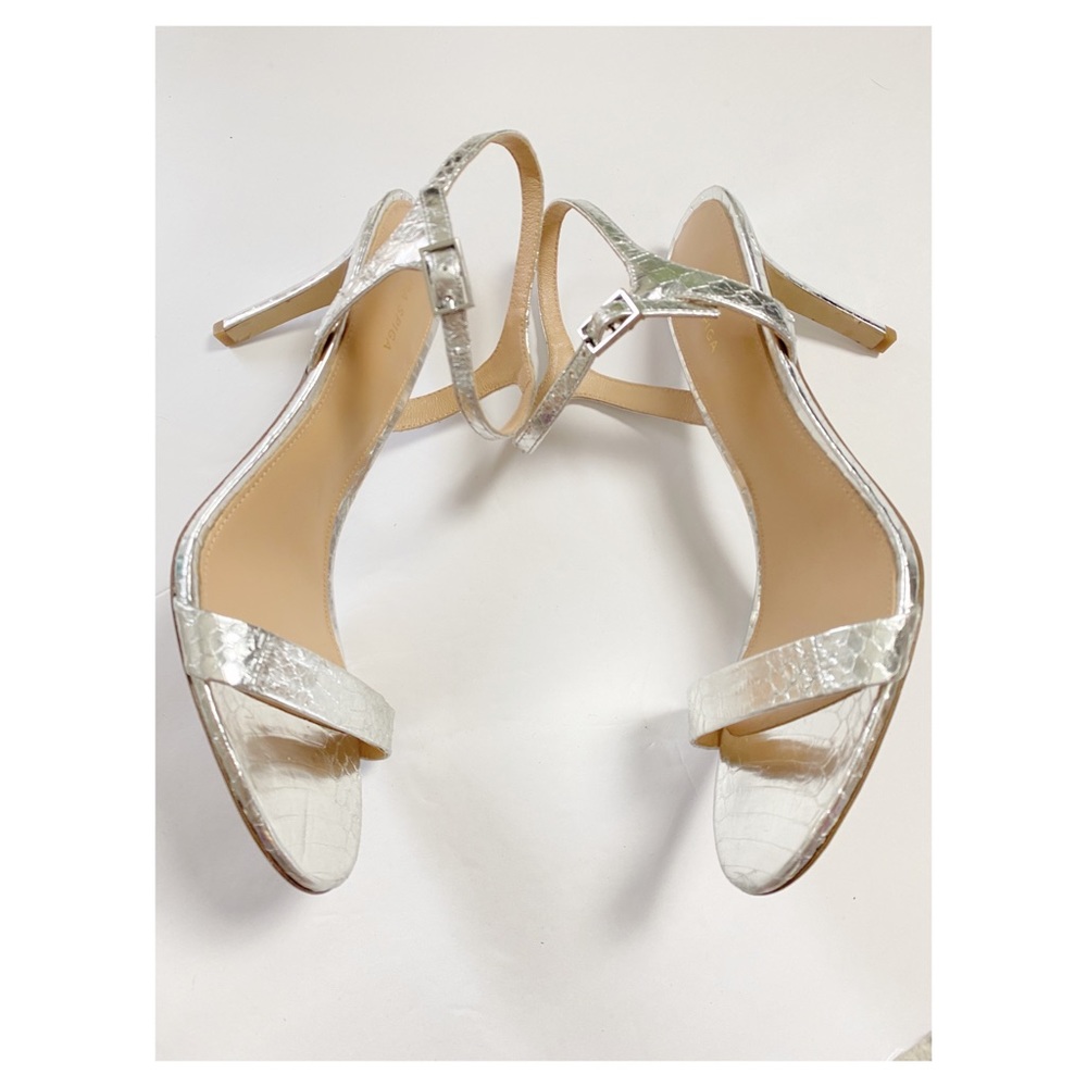 Via Spiga Silver Snakeskin Leather Strappy Heels